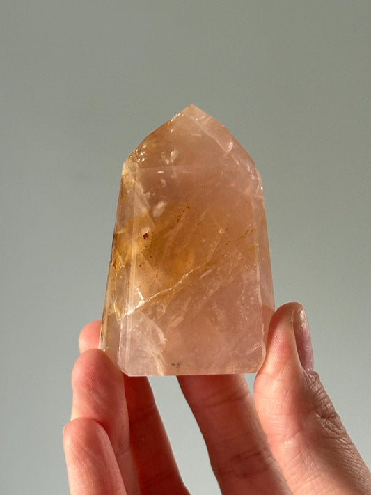 Rose Quartz With Pyrite and Golden Healer Tower – Polished Crystal Point, Natural Pink Gemstone for Love, Clarity, and Energy Decor
