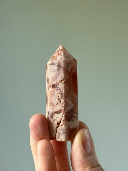 Carnelian Flower Agate Tower with Druzy – Polished Crystal Point, Natural Pink & Orange Gemstone, Energy Tool or Display Decor