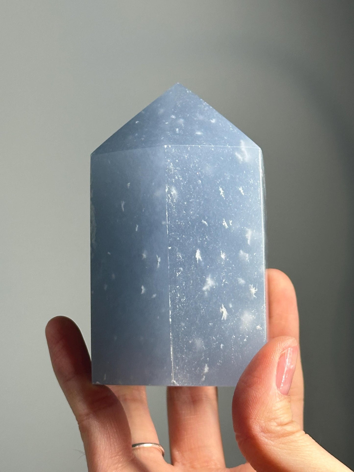 Snowflake Angelite Tower – Polished Blue Crystal Point with White Inclusions, Calming Gemstone for Peace & Clarity, Spiritual Decor Tool