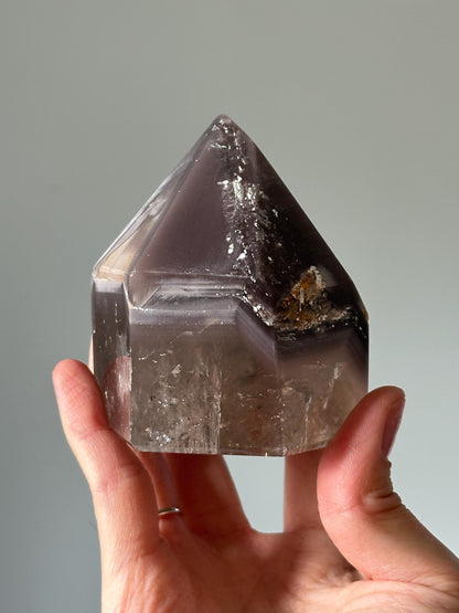 Pink Lithium & Smoky Quartz Tower – Polished Crystal Point, Natural Calming and Grounding Stone, Unique Spiritual Decor