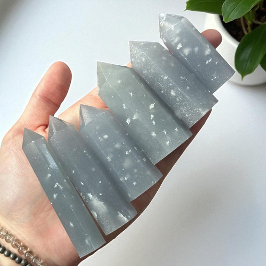 Snowflake Angelite Tower–YOU PICK! Polished Crystal Point, Natural Blue Gemstone with White Inclusions, Calming Energy Tool, Spiritual Decor