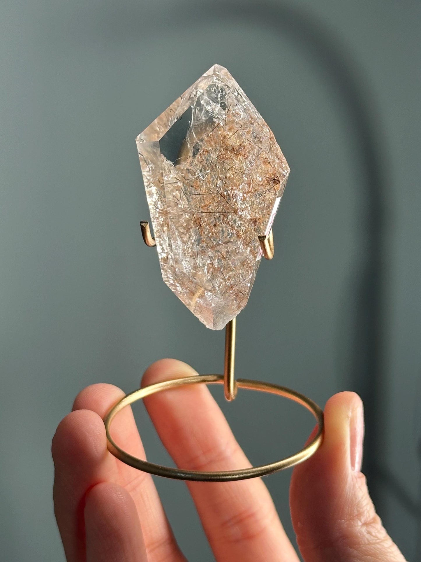 Garden Quartz with Rutile on Stand – Natural Lodolite Crystal, Scenic Inclusion Gemstone, Polished Display Piece, Unique Collector Decor