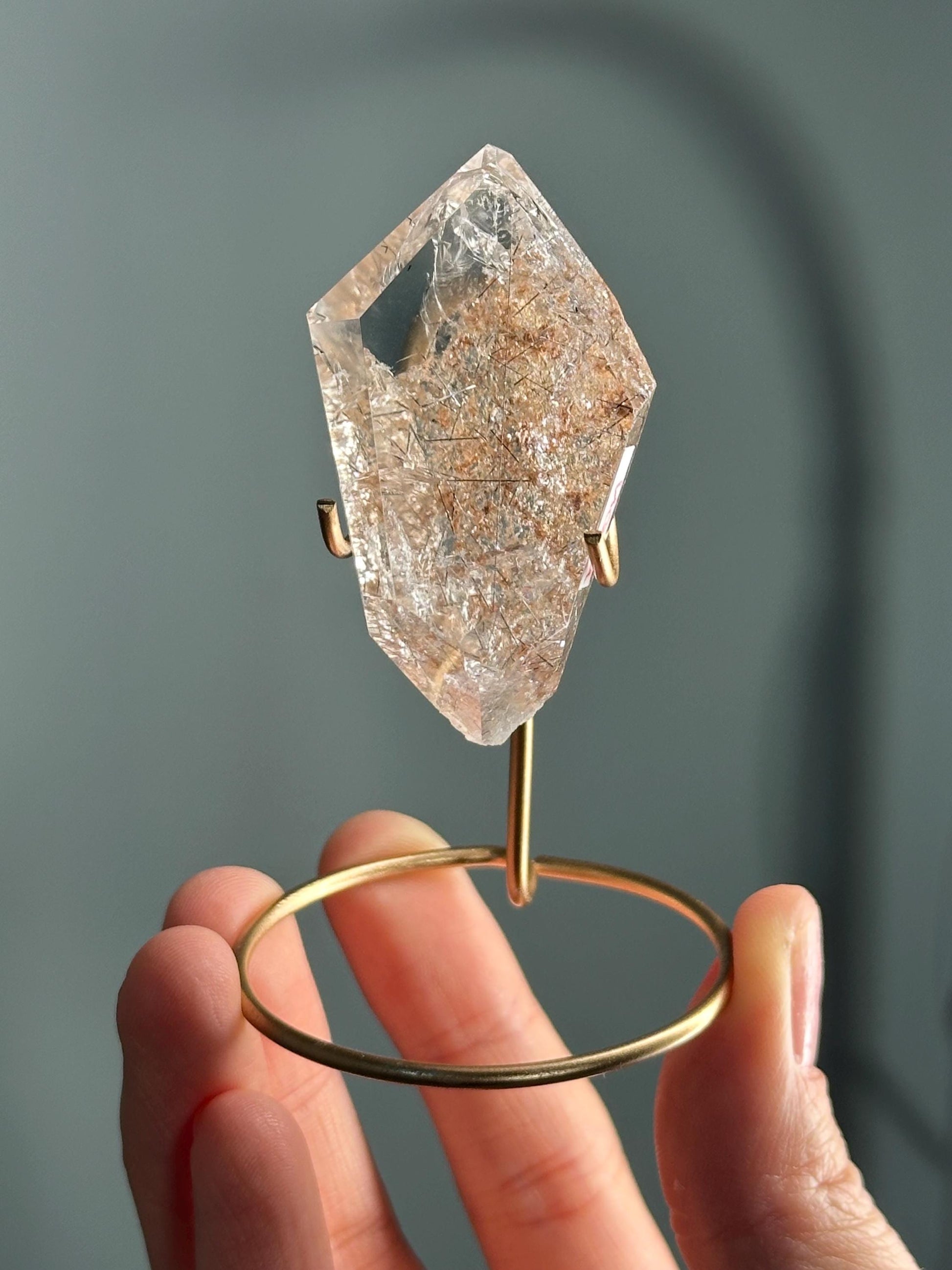 Garden Quartz with Rutile on Stand – Natural Lodolite Crystal, Scenic Inclusion Gemstone, Polished Display Piece, Unique Collector Decor