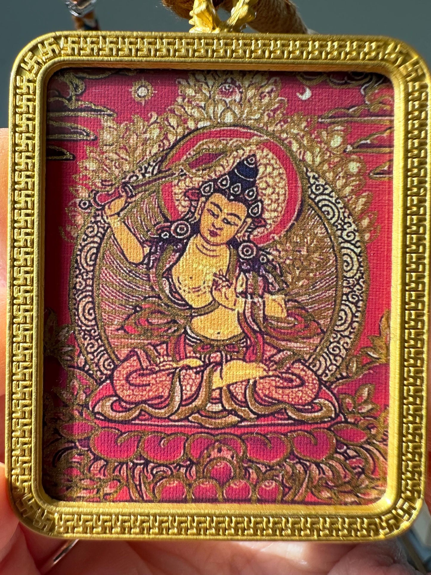 Manjushri Thangka Pendant – Wisdom Deity Necklace for Students, Spiritual Amulet for Clarity, Focus & Learning, Sacred Buddhist Jewelry