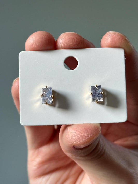 Blue Dumortierite in Quartz Earrings – Gold-Plated Natural Crystal Jewelry, Elegant Blue Inclusion Gemstones, Unique Statement Earrings