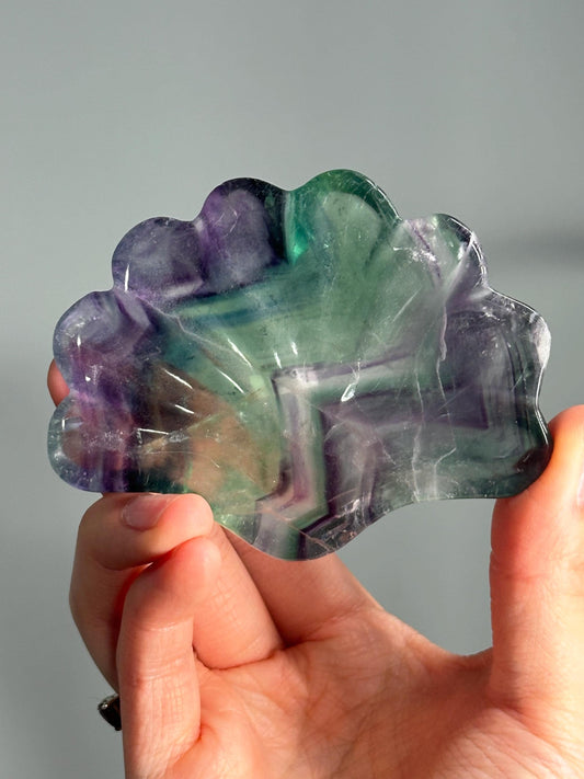 Fluorite Shell Bowl – Carved Natural Crystal Dish in Seashell Shape, Rainbow Fluorite for Display, Jewelry Holder, or Altar Offering Bowl