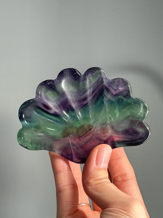 Fluorite Shell Bowl – Carved Natural Crystal Dish in Seashell Shape, Rainbow Fluorite for Display, Jewelry Holder, or Altar Offering Bowl