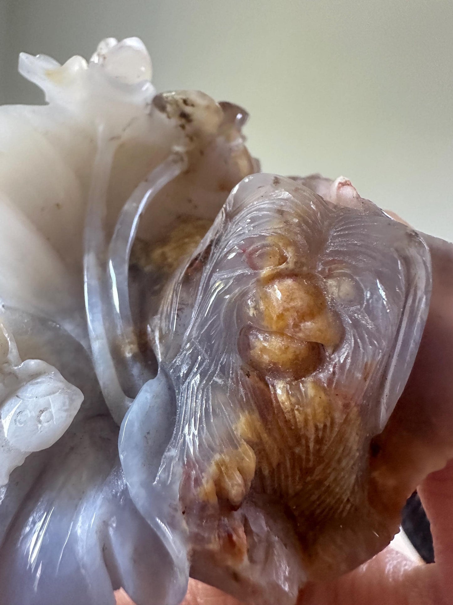 Blue Chalcedony Pekingese with Flowers – Hand-Carved Crystal Dog Figurine, Soft Blue Gemstone Display, Unique Collector or Gift Sculpture