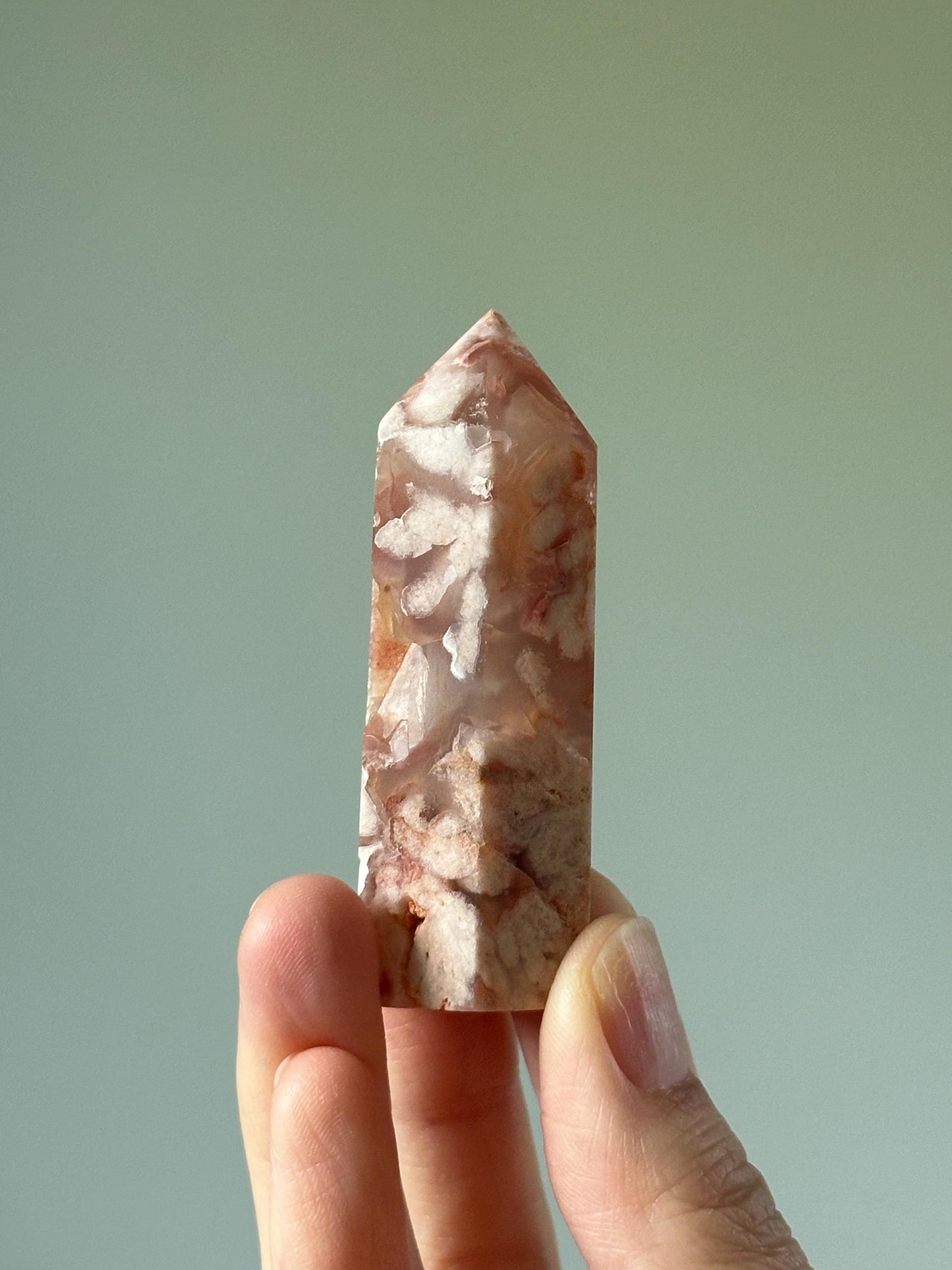 Carnelian Flower Agate Tower with Druzy – Polished Crystal Point, Natural Pink & Orange Gemstone, Energy Tool or Display Decor