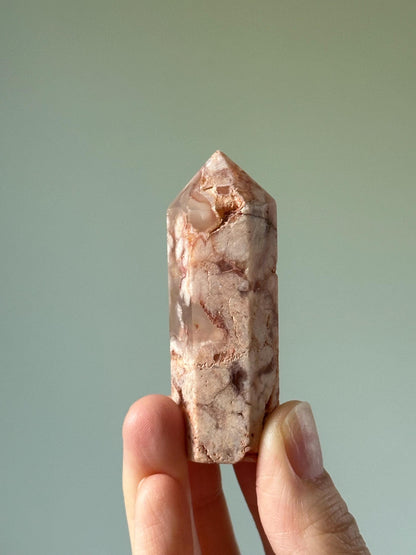Carnelian Flower Agate Tower with Druzy – Polished Crystal Point, Natural Pink & Orange Gemstone, Energy Tool or Display Decor