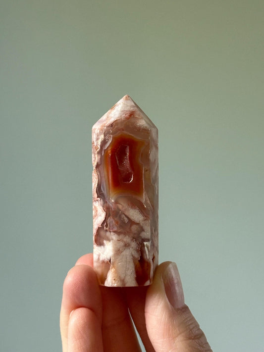 Carnelian Flower Agate Tower with Druzy – Polished Crystal Point, Natural Pink & Orange Gemstone, Energy Tool or Display Decor