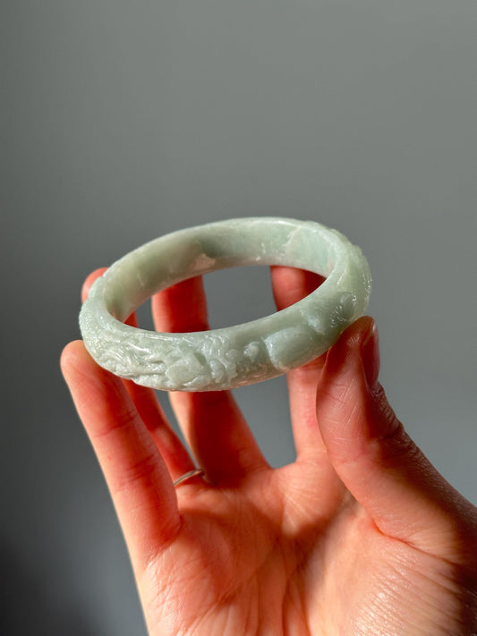 Jade Dragon Carved Bangle 55mm – Intricately Detailed Green Jade Bracelet, Symbol of Power & Protection, Timeless Spiritual Jewelry