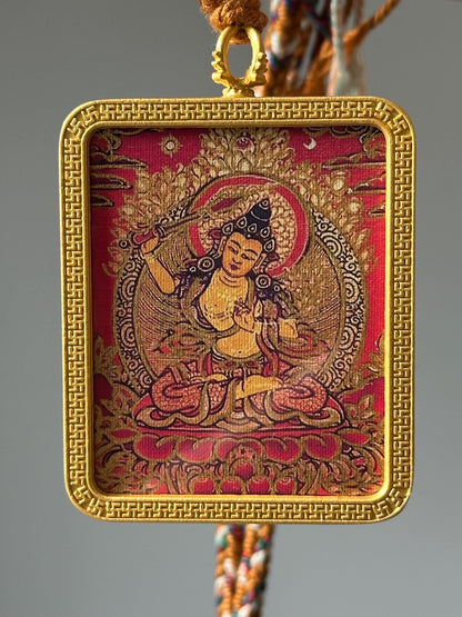 Manjushri Thangka Pendant – Wisdom Deity Necklace for Students, Spiritual Amulet for Clarity, Focus & Learning, Sacred Buddhist Jewelry