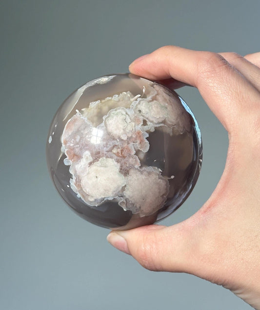 Black Flower Agate Sphere | Polished Crystal Ball | Natural Floral Patterns in Black Agate | Promotes Grounding