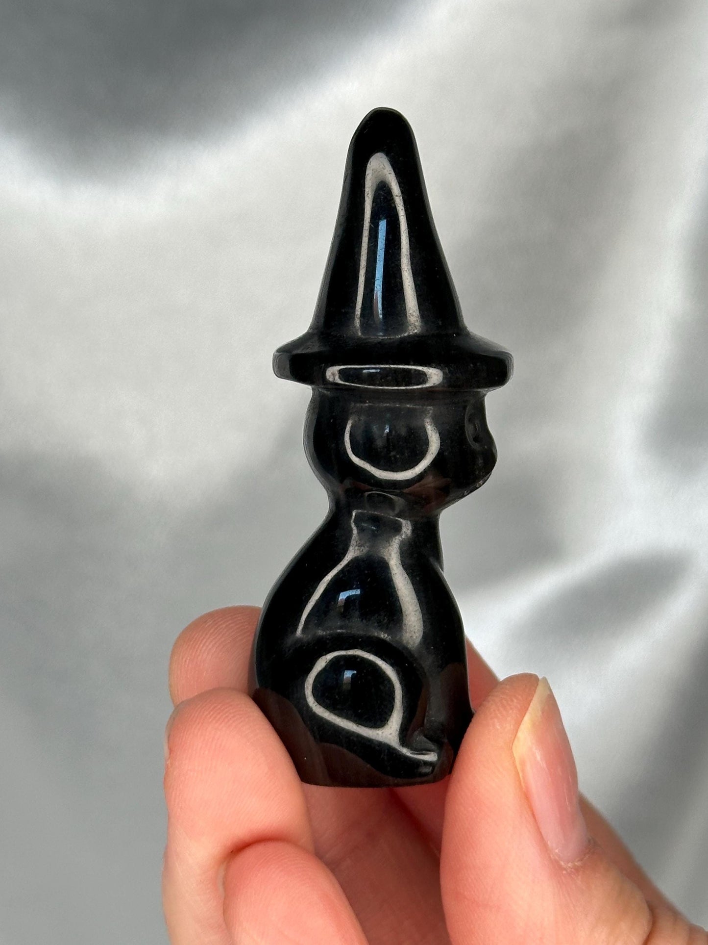 Mini Silver Sheen Obsidian Cat with Witch Hat | Shimmering Black Obsidian Carving | Magical Halloween Decor Unique Witchy Gift for
