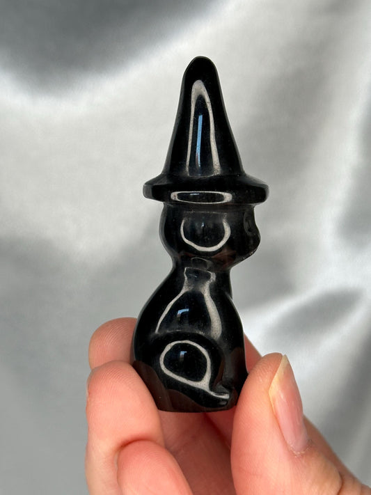 Mini Silver Sheen Obsidian Cat with Witch Hat | Shimmering Black Obsidian Carving | Magical Halloween Decor Unique Witchy Gift for