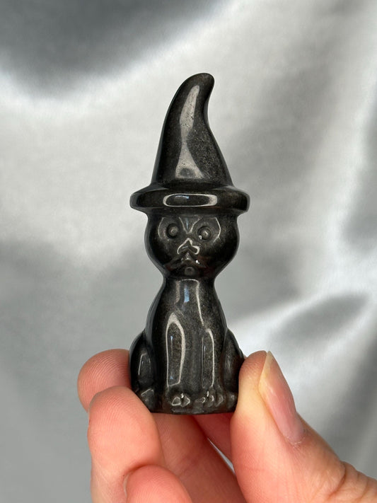 Mini Silver Sheen Obsidian Cat with Witch Hat | Shimmering Black Obsidian Carving | Magical Halloween Decor Unique Witchy Gift for