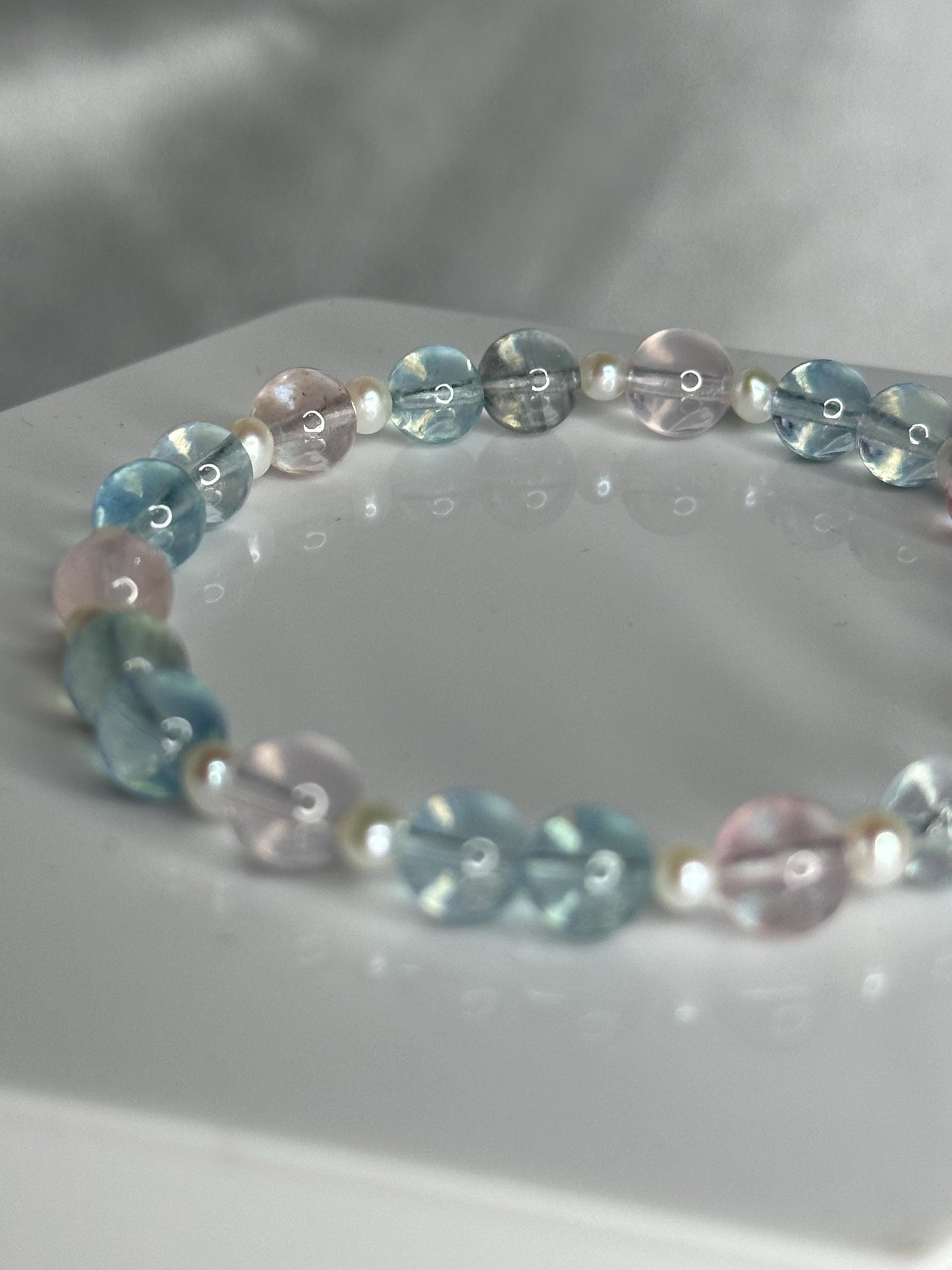 Morganite & Aquamarine Bracelet with Pearls, Mixed Beryl Crystal Jewelry for Love, Calm, and Soft Feminine Energy