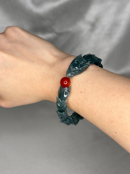Blue Water Jade Bracelet with Red Agate Ouroboros Dragon Bead, Crystal for Renewal, Calm Energy, Protection & Spiritual Balance