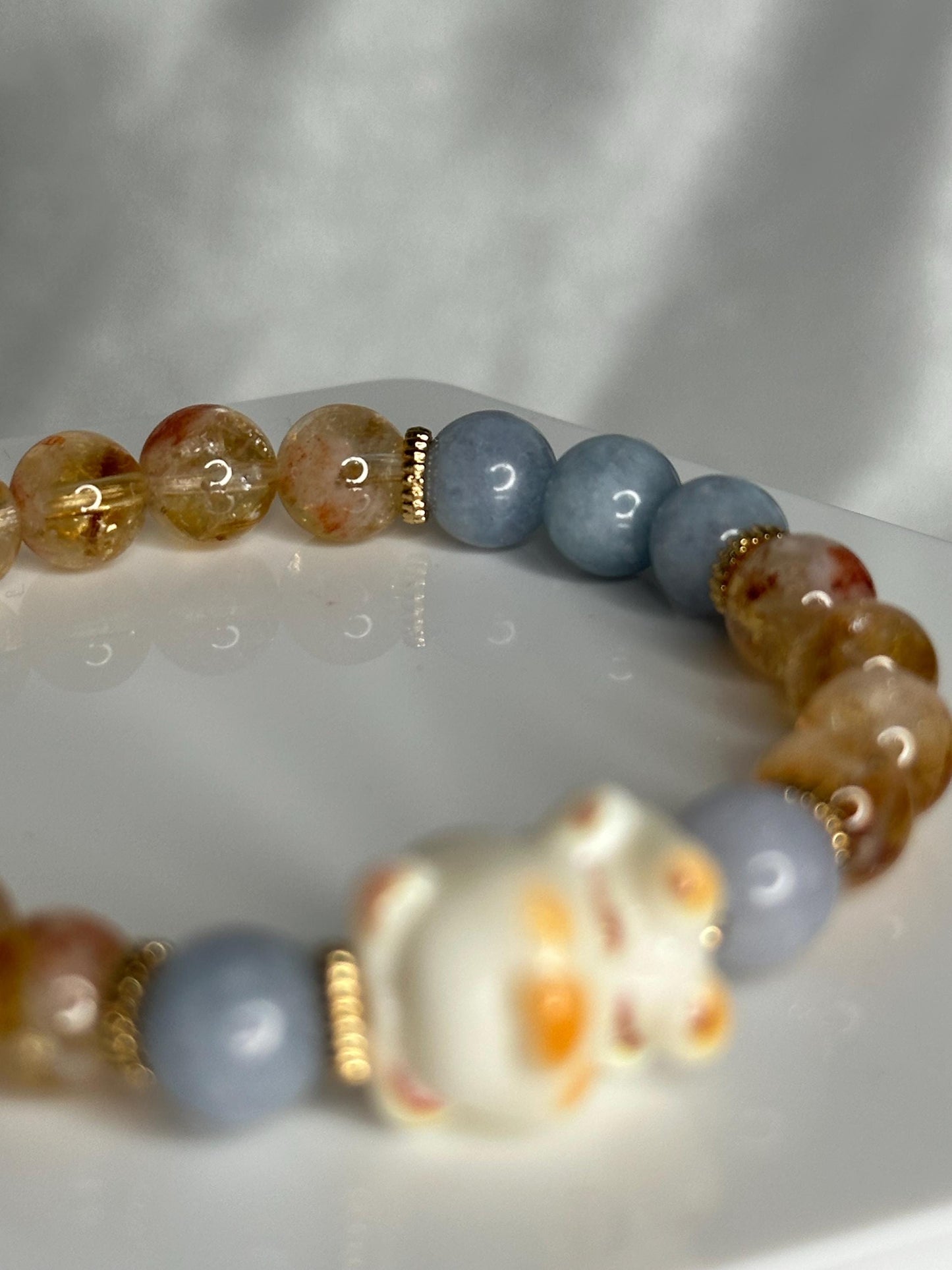 Angelite & Citrine Bracelet with Teddy Bear Bead, Comforting Crystal Jewelry for Joy, and Inner Warmth