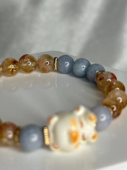 Angelite & Citrine Bracelet with Teddy Bear Bead, Comforting Crystal Jewelry for Joy, and Inner Warmth