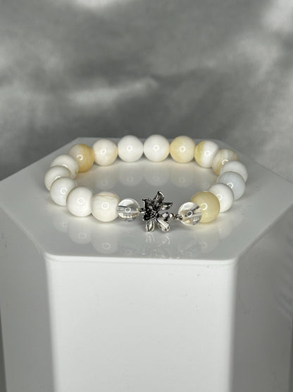 Tridacna Shell Bead Bracelet with Lotus Spacer, Calming Spiritual Jewelry for Peace, Purity, Inner Light & Mindful Energy