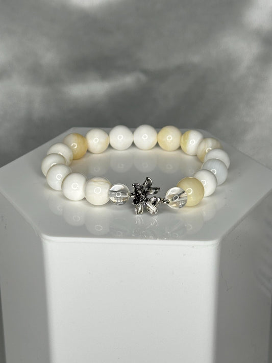 Tridacna Shell Bead Bracelet with Lotus Spacer, Calming Spiritual Jewelry for Peace, Purity, Inner Light & Mindful Energy