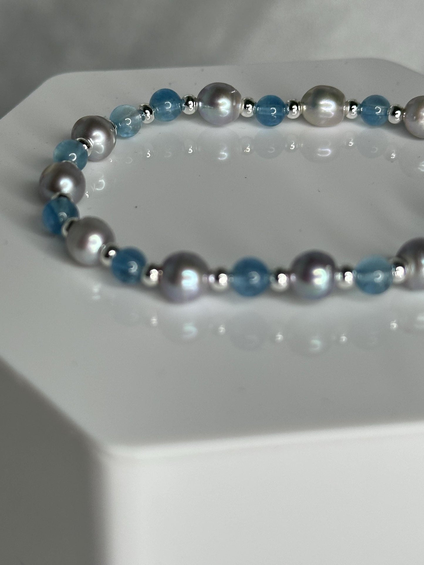 Pearl & Aquamarine Bracelet with Silver Spacer Beads, Ocean-Inspired Jewelry for Calm, Clarity, Intuition and Feminine Grace