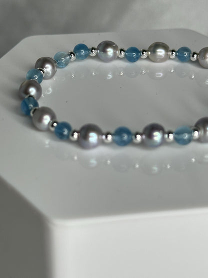 Pearl & Aquamarine Bracelet with Silver Spacer Beads, Ocean-Inspired Jewelry for Calm, Clarity, Intuition and Feminine Grace