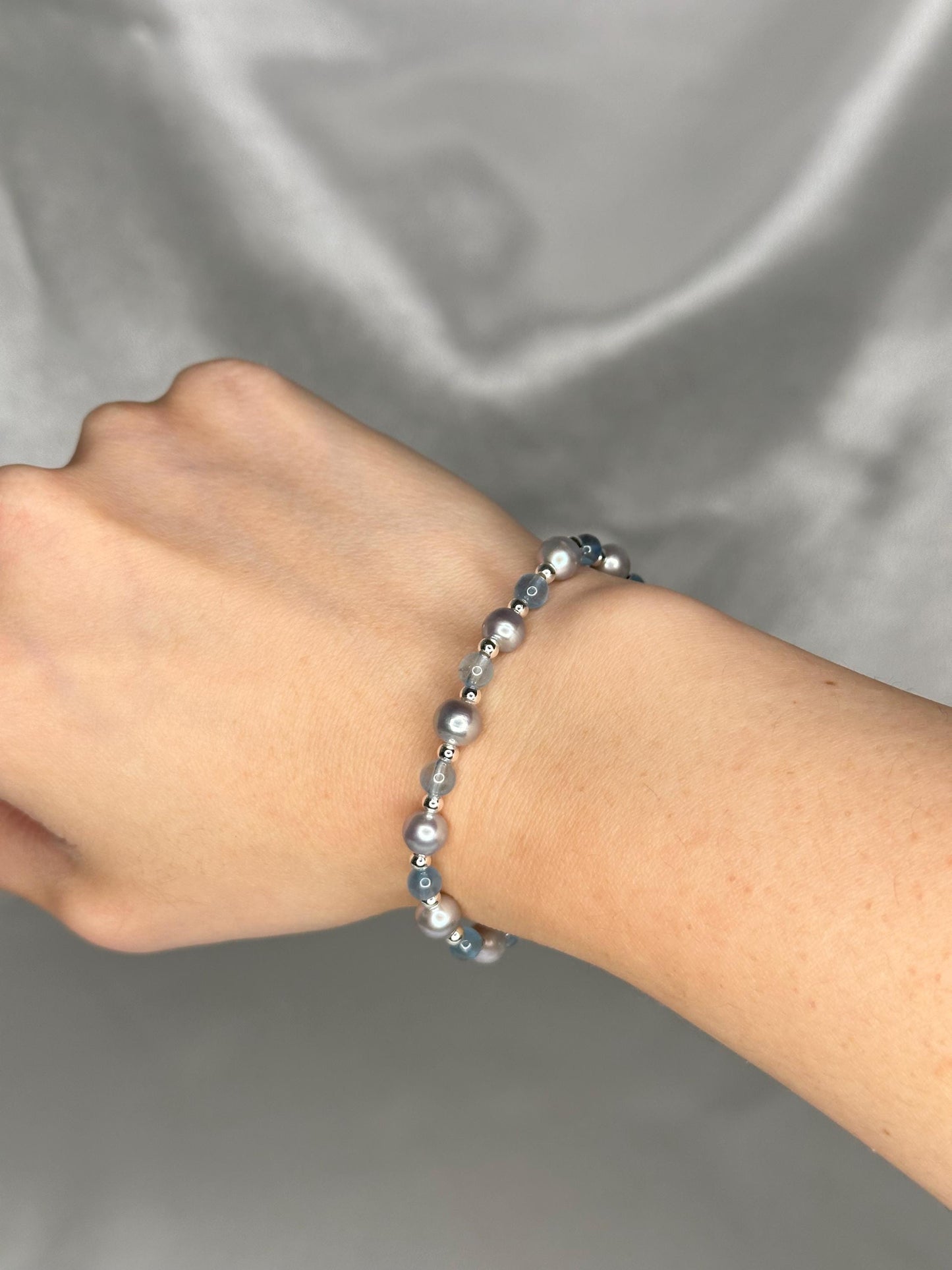 Pearl & Aquamarine Bracelet with Silver Spacer Beads, Ocean-Inspired Jewelry for Calm, Clarity, Intuition and Feminine Grace