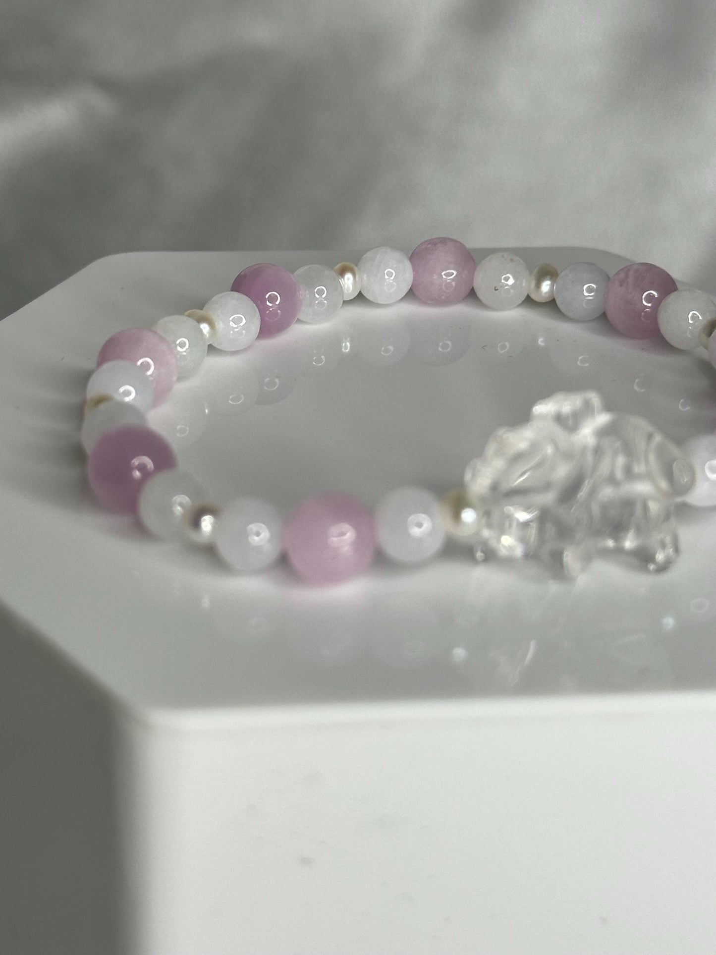 Lavender Jade, Kunzite & Pearl Bracelet with Angel Bear Bead, Gentle Love, Shy Romance and Soft Guardian Energy