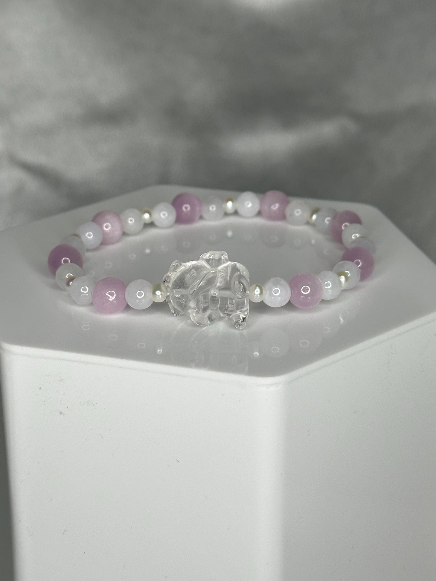 Lavender Jade, Kunzite & Pearl Bracelet with Angel Bear Bead, Gentle Love, Shy Romance and Soft Guardian Energy