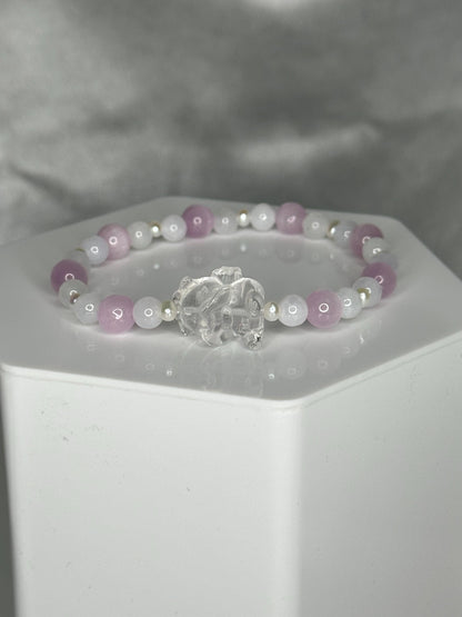 Lavender Jade, Kunzite & Pearl Bracelet with Angel Bear Bead, Gentle Love, Shy Romance and Soft Guardian Energy