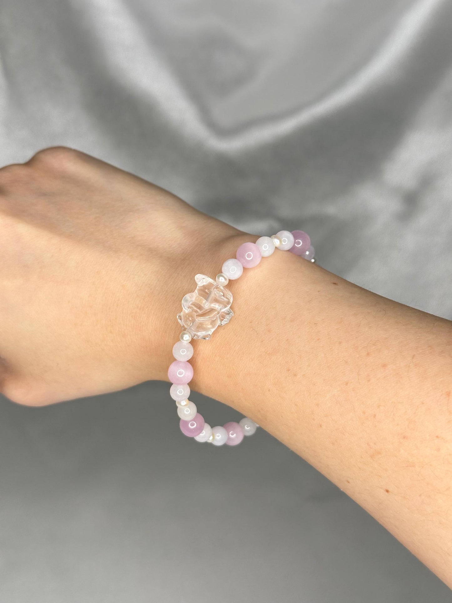 Lavender Jade, Kunzite & Pearl Bracelet with Angel Bear Bead, Gentle Love, Shy Romance and Soft Guardian Energy