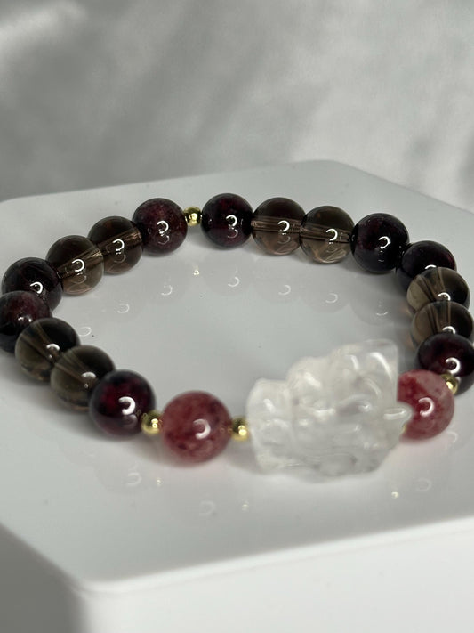 Garnet, Smoky Quartz & Strawberry Quartz Bracelet with Dragon Focal + Gold Spacers, Passionate, Playful and Protective Energy