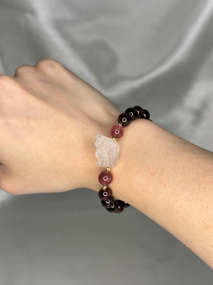 Garnet, Smoky Quartz & Strawberry Quartz Bracelet with Dragon Focal + Gold Spacers, Passionate, Playful and Protective Energy