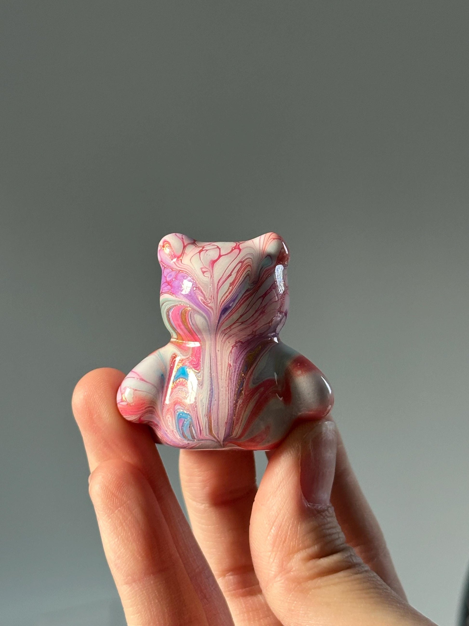 Hand-Painted Water Marbled Wooden Teddy Bear Figurine – Unique Art Toy, Decorative Bear Sculpture, Collectible Handmade Gift