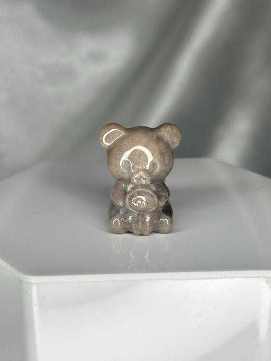 Fossilized Coral Teddy Bear with Cat Carving | Hand-Carved Gemstone Figurine | Cute Crystal Animal Sculpture | Unique Gift Idea