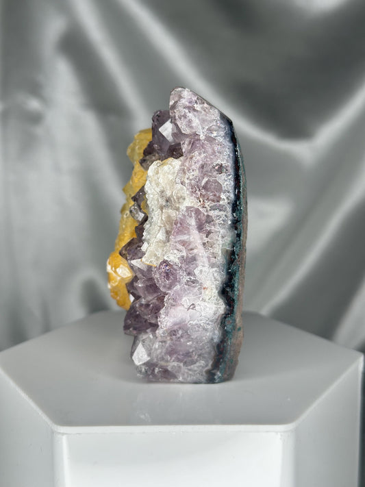 Amethyst Cluster with Natural Iron Staining from Brazil | Golden Yellow Hematite Coated Crystal | Unique Purple Quartz Mineral Specimen
