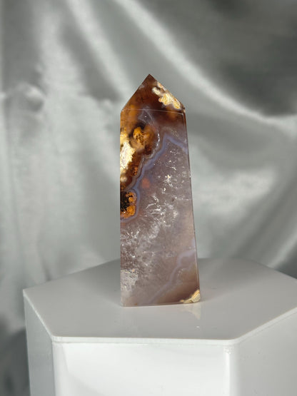 Druzy Agate Tower with Moss Inclusions | Natural Green Moss Agate Point | Sparkling Crystal Tower Display for Home or Office Décor