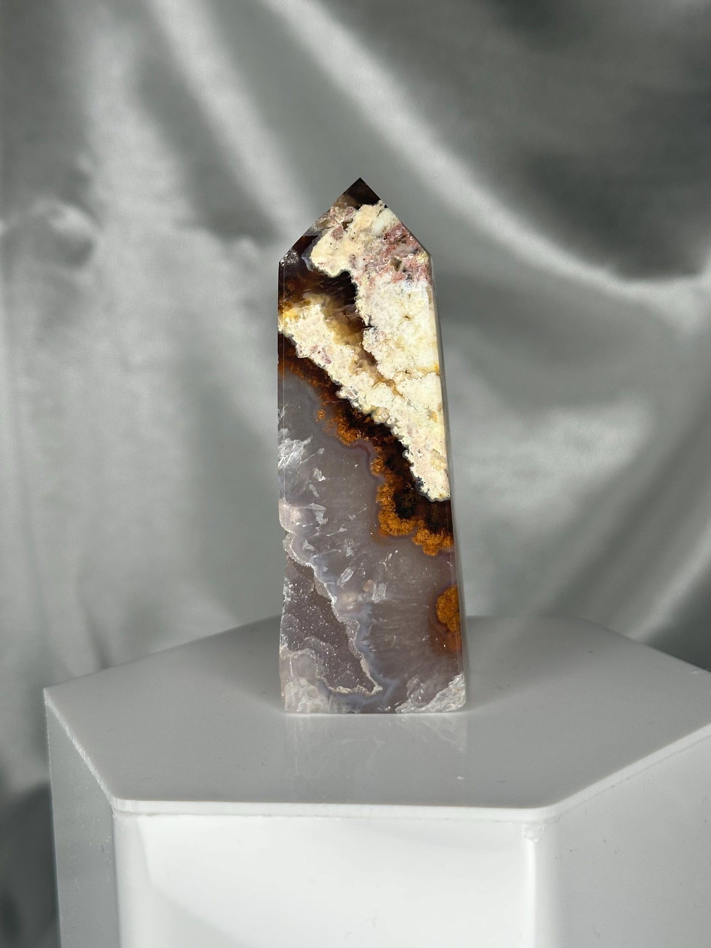 Druzy Agate Tower with Moss Inclusions | Natural Green Moss Agate Point | Sparkling Crystal Tower Display for Home or Office Décor