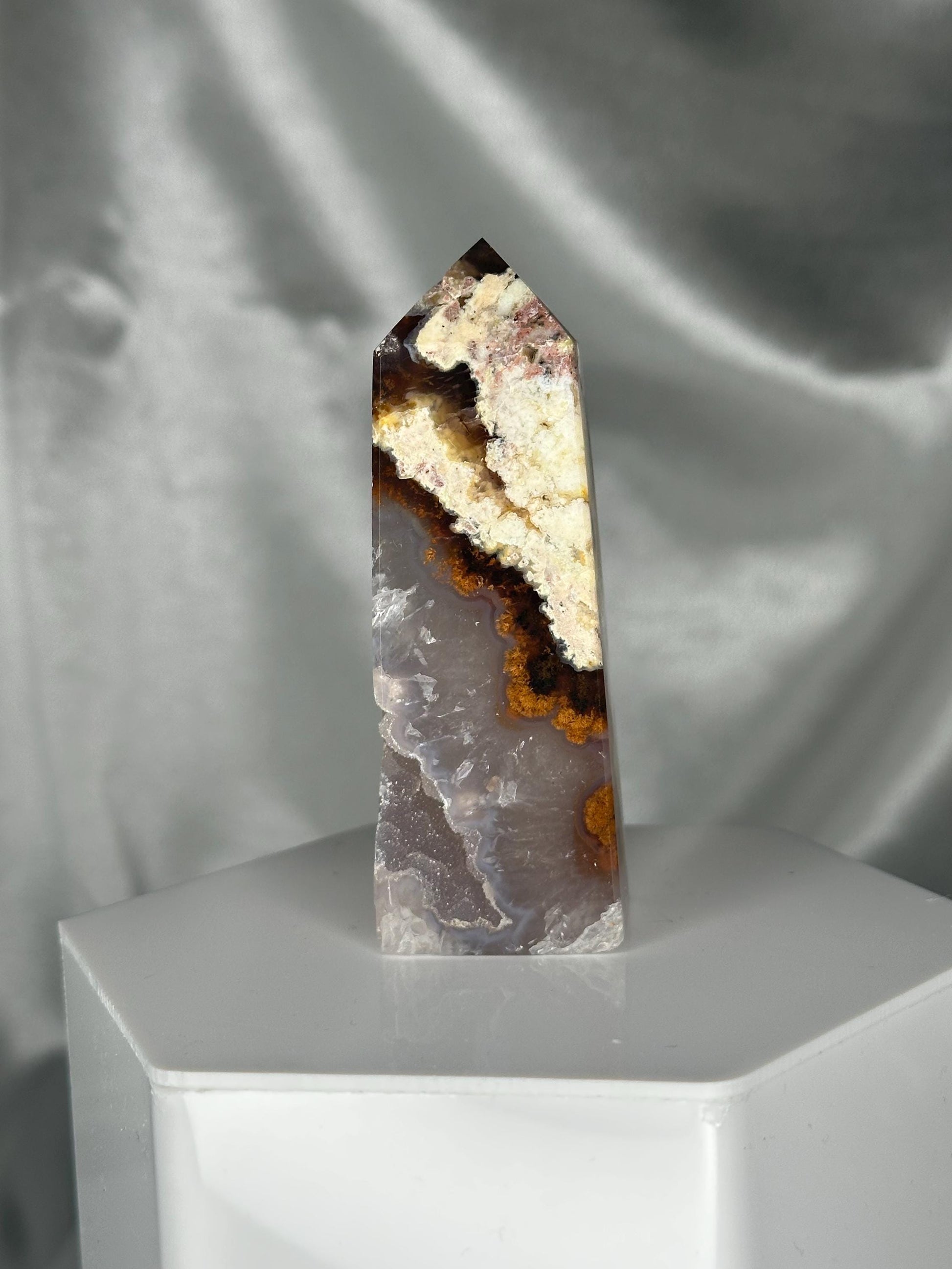 Druzy Agate Tower with Moss Inclusions | Natural Green Moss Agate Point | Sparkling Crystal Tower Display for Home or Office Décor