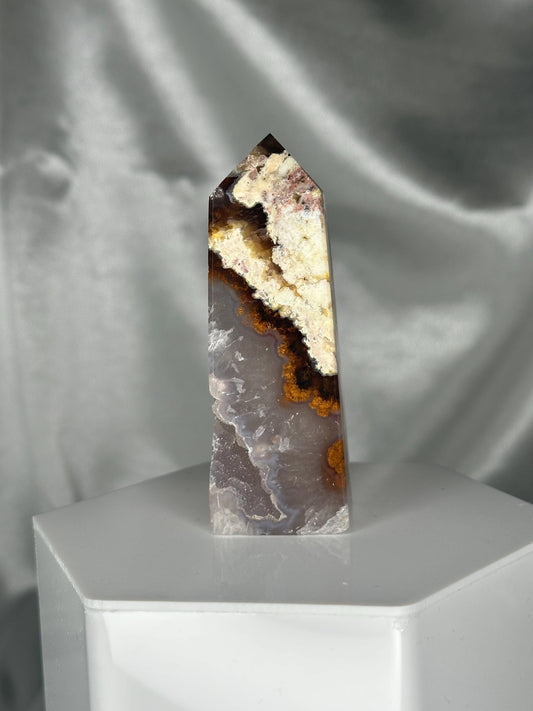 Druzy Agate Tower with Moss Inclusions | Natural Green Moss Agate Point | Sparkling Crystal Tower Display for Home or Office Décor