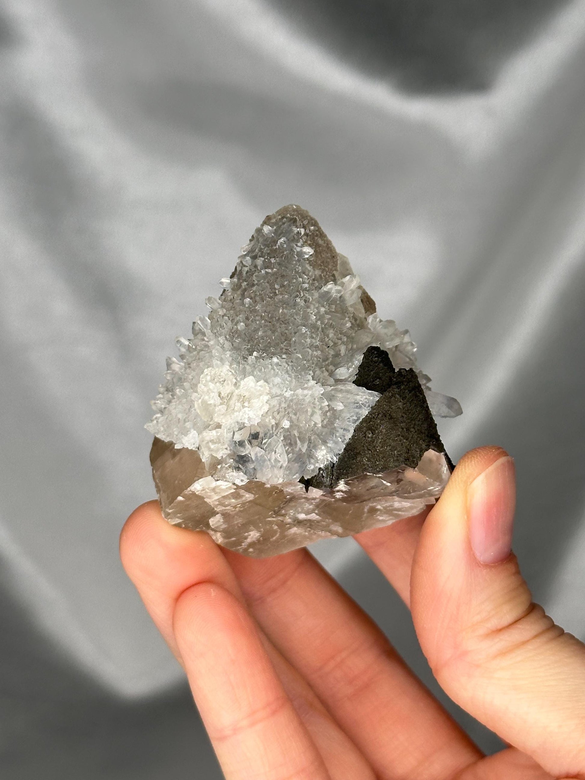 Druzy Coated Calcite Point with Quartz Crystals | Sparkling Calcite & Quartz Cluster Tower | Unique Natural Mineral Specimen from Brazil