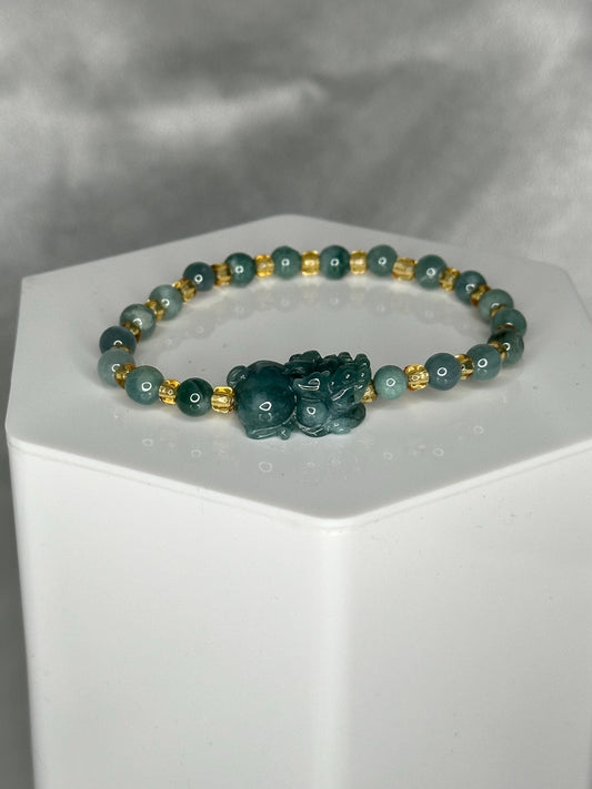 Guardian of Flow – Blue Water Jade Bracelet with Pixiu Charm for Prosperity, Protection & Calm Energy, Feng Shui Wealth Crystal Jewelry