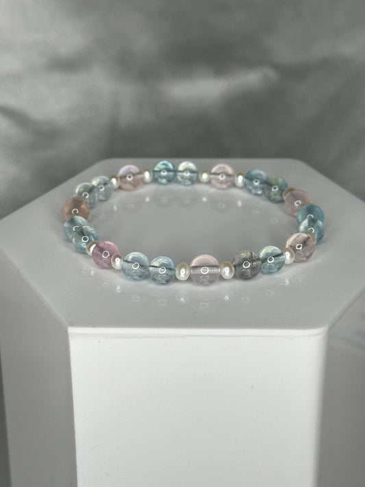 Morganite & Aquamarine Bracelet with Pearls, Mixed Beryl Crystal Jewelry for Love, Calm, and Soft Feminine Energy