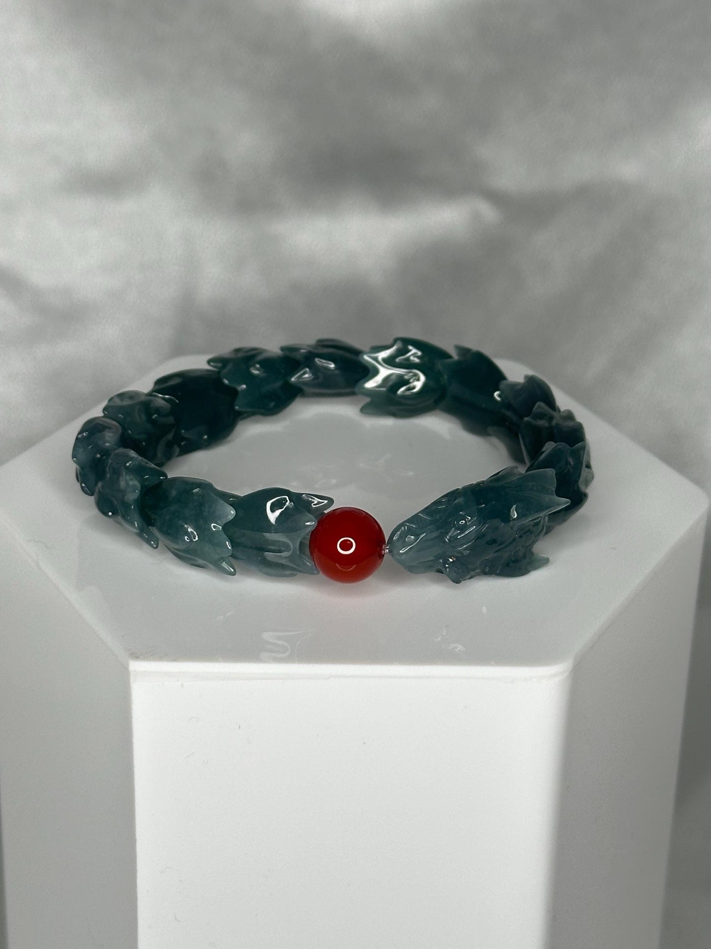 Blue Water Jade Bracelet with Red Agate Ouroboros Dragon Bead, Crystal for Renewal, Calm Energy, Protection & Spiritual Balance
