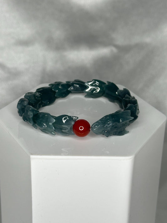Blue Water Jade Bracelet with Red Agate Ouroboros Dragon Bead, Crystal for Renewal, Calm Energy, Protection & Spiritual Balance