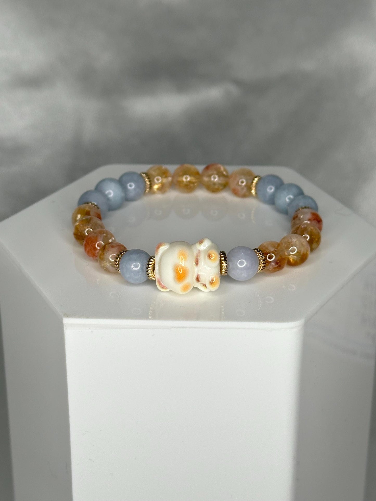 Angelite & Citrine Bracelet with Teddy Bear Bead, Comforting Crystal Jewelry for Joy, and Inner Warmth