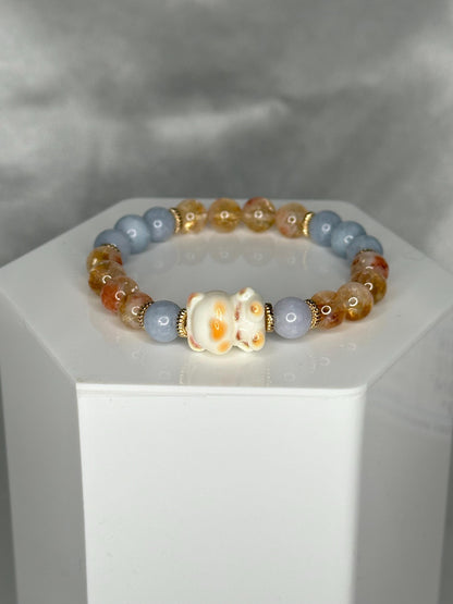 Angelite & Citrine Bracelet with Teddy Bear Bead, Comforting Crystal Jewelry for Joy, and Inner Warmth